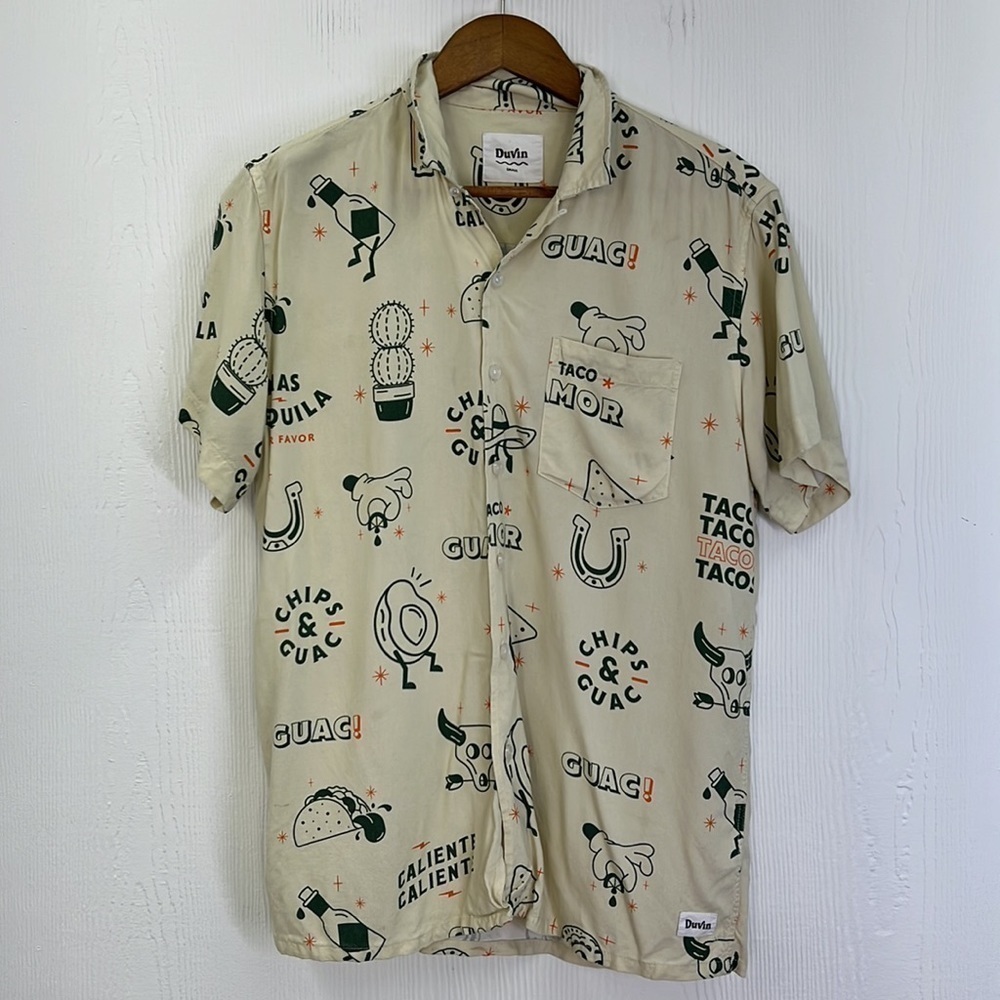 Duvin - Beige Taco Guacamole Fun Graphic Short Sleeve Button Up Size Small - Picture 7 of 12